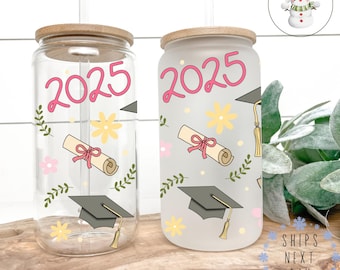 Girls Class of 2025 Glass Tumbler Cup | Graduate Libbey Iced Coffee Cup | 16 oz/20 oz | Graduation Gift | Graduation Party Favors