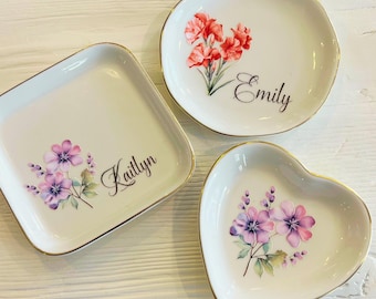 Personalized Birth Flower Ring Trinket Dish | Watercolor Flower Ring Dish | Birthday Jewelry Dish | Wedding Bridesmaid Gift | Gift for Her