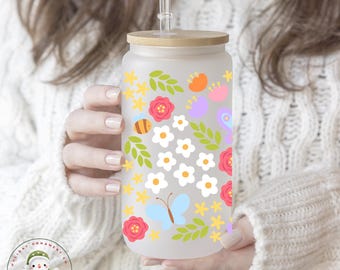 Pastel Flowers Glass Libbey Cup | Pretty Spring Tumbler Iced Coffee Cup | 16 oz/20 oz | Bees and Flowers Cup | Gift for Her