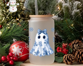 Blue Toile Ghost Snowflakes Glass Tumbler Cup | Pretty Holiday Iced Coffee Cup | 16 oz/20 oz | Cute Xmas Cup | Book Club Gift