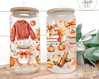 Sweater Weather Libbey Coffee Glass Tumbler: Fall Girly Iced Coffee Cup (16 oz/20 oz)