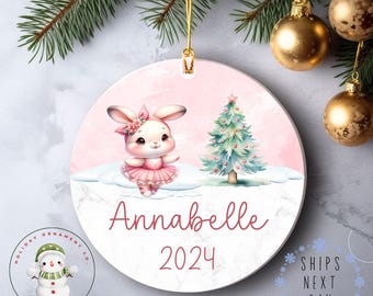 Pink Ballerina Bunny Personalized Name Christmas Ornament | Dancing Kids Ceramic Holiday Ornament | Keepsake Gift Baby