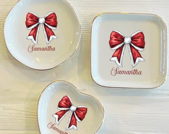 Personalized Christmas Bow Ceramic Trinket Dish | Custom Holiday Ring Holder