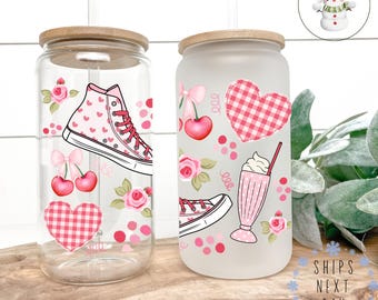 Gingham Hearts Coquette Glass Libbey Cup | Girly Iced Coffee Cup | 16 oz/20 oz | Party Favors | Best Friends Gift