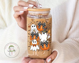 Coquette Halloween Ghosts Glass Tumbler Cup | Girly Fall Season Iced Coffee Cup | 16 oz/20 oz | Gifts for Her