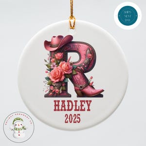 Cowgirl Personalized Letter Name Christmas Ornament | Keepsake Ceramic Holiday Ornament | Farm  Gift Baby