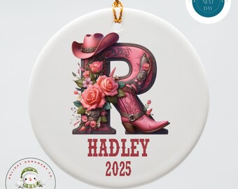 Cowgirl Personalized Letter Name Christmas Ornament | Keepsake Ceramic Holiday Ornament | Farm  Gift Baby