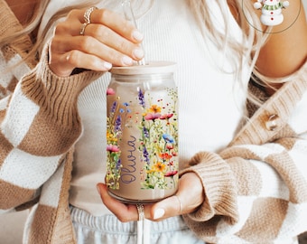 Personalized Boho Wildflower Glass Tumbler Cup | Flowers Libbey Iced Coffee Cup | 16 oz/20 oz | Cute Book Club Cup | Gift for Her
