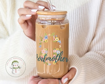 Godmother Floral Cross Glass Tumbler Cup | Religious Libbey Iced Coffee Cup | 16 oz/20 oz | Baptism Godmother Gift