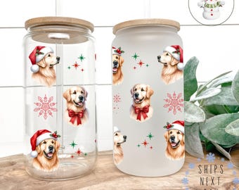 Golden Retriever Christmas Glass Tumbler Libbey Cup: Holiday Iced Coffee Cup (16oz/20oz)
