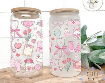 Pink Nursing Glass Libbey Coffee Cup | Nurse Gift Iced Coffee Cup | 16 oz/20 oz | Nurse Appreciation Gift