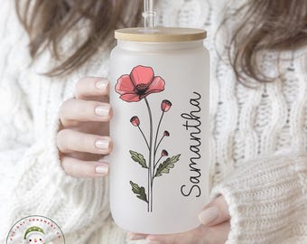 Birth Month Watercolor Flower Personalized Glass Cup Lid Straw | Custom Name Iced Coffee Cup | 16 oz/20 oz Frosted or Clear | Gift for Her