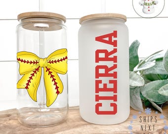 Coquette Softball Bow Personalized Glass Tumbler Cup | Softball Mom Player Name Iced Coffee Cup | 16 oz/20 oz | Sports Mom Cup