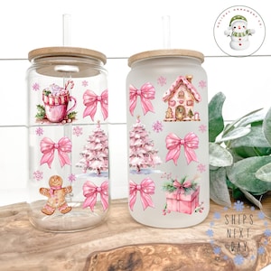 Pink Gingerbread Coquette Christmas Glass Tumbler Cup | Pretty Holiday Iced Coffee Cup | 16 oz/20 oz | Cute Xmas Cup | Book Club Gift