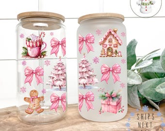 Pink Gingerbread Coquette Christmas Glass Tumbler Cup | Pretty Holiday Iced Coffee Cup | 16 oz/20 oz | Cute Xmas Cup | Book Club Gift