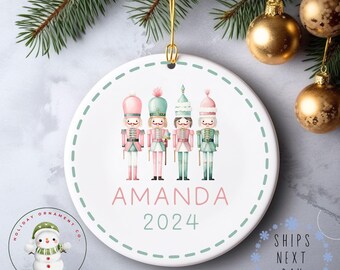 Nutcracker Personalized Name Christmas Ornament | Pinks and Greens Girls Ceramic Holiday Ornament | Keepsake Gift Baby