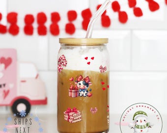 Cow Valentine Libbey Glass Tumbler | Girlfriend Wife Gift Girly Iced Coffee Cup | 16 oz or 20 oz | Bookclub Cup | Party Favors