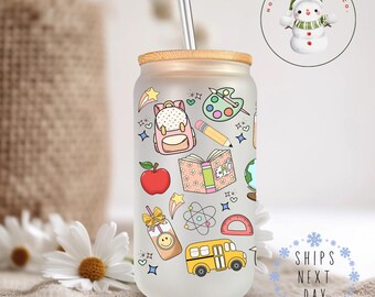 Teacher Doodles Glass Libbey Cup | Teacher School Gift Iced Coffee Cup | 16 oz/20 oz | Party Favors | Best Friends Gift