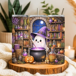 May include: A cylindrical tumbler featuring a wrap-around illustration of a cute white ghost wearing a purple witch hat, stirring a glowing purple cauldron. The scene includes shelves filled with potion bottles, books, dried herbs, and a pumpkin.