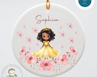 Personalized Black Hair Princess Girls Christmas Ceramic Ornament | Choose your Princess