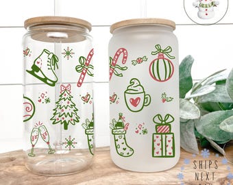 Watercolor Hand Drawn Christmas Glass Tumbler Cup: Handdrawn Holiday Iced Coffee Cup