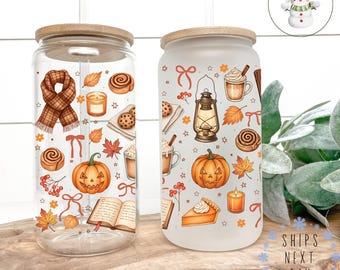 Fall Theme Libbey Glass Coffee Tumbler: Scarves & Pumpkins Design (16oz/20oz)