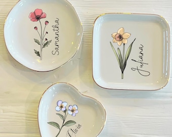 Personalized Boho Birth Flower Ring Trinket Dish | Birth Month Flower Ring Dish | Birthday Jewelry Dish | Wedding Bridesmaid Gift | Mom Gift