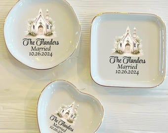 Boho Church Wedding Ring Trinket Dish | Watercolor Wedding Date Ring Dish | Married Jewelry Dish | Wedding Bride Gift | Gift for Her
