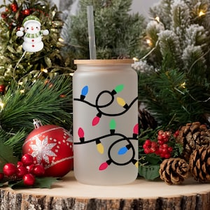 Vaso de vidrio con luces navideñas: Vaso para café helado navideño (16 oz/20 oz)