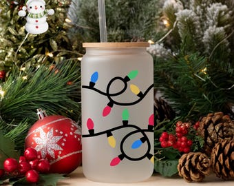 Christmas Lights Glass Tumbler Cup | Pretty Holiday Iced Coffee Cup | 16 oz/20 oz | Cute Xmas Cup | Book Club Gift