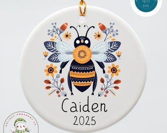 Personalized Scandinavian Bee Christmas Ornament | Boho Holiday Ornament