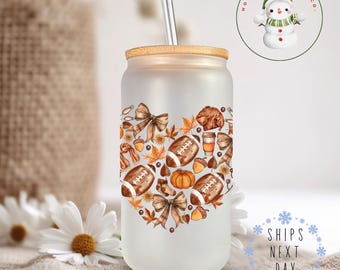 Coquette Football Heart Glass Tumbler Cup | Girly Football Season Iced Coffee Cup | 16 oz/20 oz | Gifts for Her | Sports Mom Cup