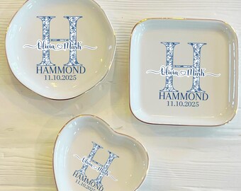 Personalized Blue Toile Ring Trinket Dish: Ceramic Jewelry Holder