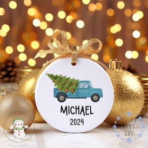 Personalized Blue Truck Christmas Ornament: Custom Name Ceramic Keepsake