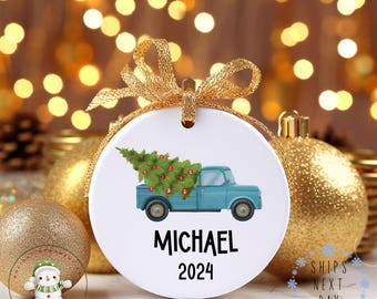 Blue Truck Tree Personalized Name Christmas Ornament | Custom Kids Glass or Ceramic Holiday Ornament | Keepsake Gift