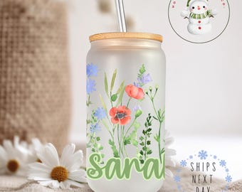 Personalized Wildflower Glass Tumbler Cup | Girly Flowers Libbey Iced Coffee Cup | 16 oz/20 oz | Cute Book Club Cup | Gift for Her