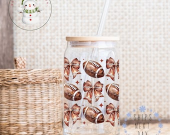Coquette Football Glass Tumbler Cup | Girly Football Season Iced Coffee Cup | 16 oz/20 oz | Gifts for Her | Sports Mom Cup