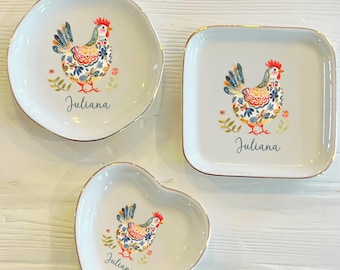 Personalized Watercolor Chicken Ring Trinket Dish | Boho Chicken Ring Dish | Girly Jewelry Dish | Gift for Chicken Mom