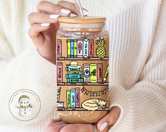 Summer Bookshelf Glass Tumbler | Beach Reading Girly Iced Coffee Cup | 20 oz | Bookclub | Book Lovers