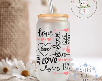LOVE Valentine Libbey Glass Tumbler | Girlfriend Wife Gift | Girly Iced Coffee Cup | 16 oz or 20 oz | Party Favors | Book Club Cups