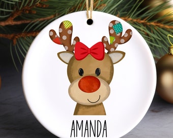 Girl Reindeer Personalized Ornament | Kids Name Ornament | Holiday Gift | Kids Stocking Stuffer | Cute Kids Ornament