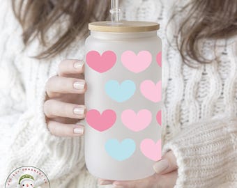 Pastel Hearts Glass Libbey Cup | Pretty Girly Tumbler Iced Coffee Cup | 16 oz/20 oz | Sweethearts Theme | Gift for Her