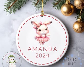 Dancing Bunny Personalized Name Christmas Ornament | Ballerina Pink Girls Ceramic Holiday Ornament | Keepsake Gift Baby