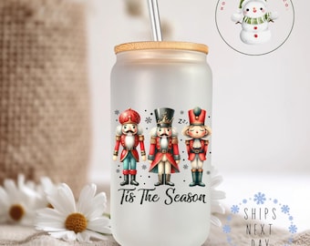 Nutcracker Tis the Season Christmas Glass Tumbler Cup | Funny Holiday Iced Coffee Cup | 16 oz/20 oz | Cute Xmas Cup | Gifts for Her