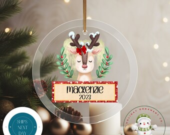 Reindeer Personalized Christmas Ornament | Girl Name Ornament | New Baby | Personalized Baby Gift | Glass or Ceramic Ornament