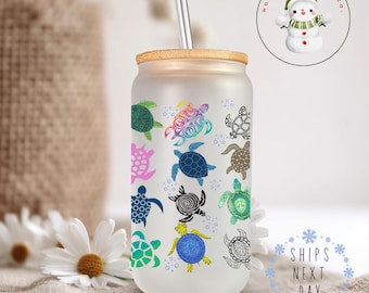 Colorful Turtles Coffee Glass Tumbler Cup | Cute Sealife Iced Coffee Cup | 16 oz/20 oz | Beach Theme Cup