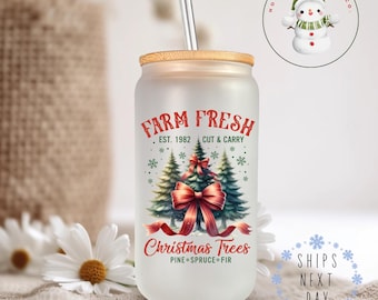 Farm Fresh Christmas Trees Glass Tumbler Cup | Cute Holiday Iced Coffee Cup | 16 oz/20 oz | Cute Xmas Cup | Gifts for Her | Book Club