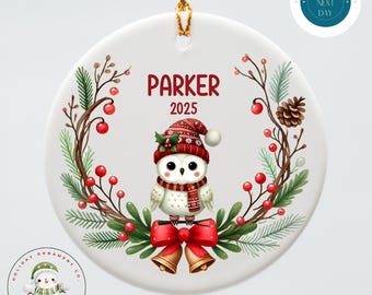 Personalized Owl Wreath Christmas Ornament | Keepsake Ceramic Holiday Ornament