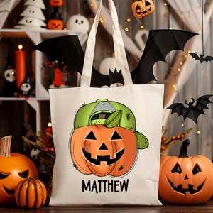 Personalized Boy Pumpkin Halloween Trick or Treat Bag | Candy Halloween Tote | Custom Kids Halloween Bag