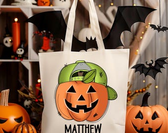 Personalized Boy Pumpkin Halloween Trick or Treat Bag | Candy Halloween Tote | Custom Kids Halloween Bag